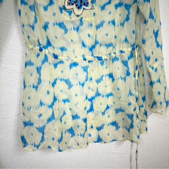 Jenny Han Yellow Blue Silk Beaded Boho Tunic Womens S Beachy Sheer Long Sleeve - Picture 6 of 11
